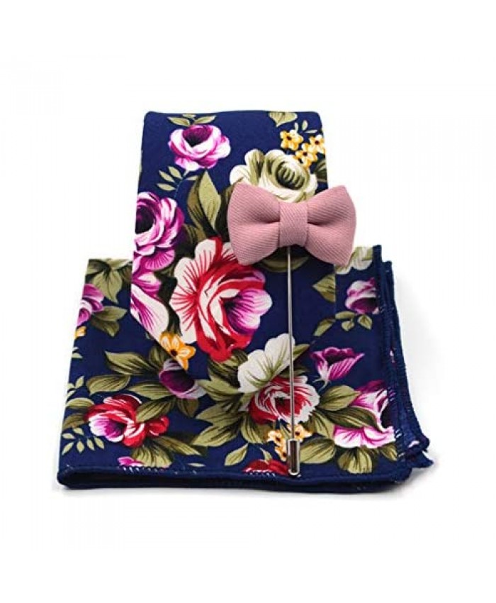 Art of The Gentleman Floral Indigo Rose Necktie 3pcs Tie Set Lapel Pin Pocket Square