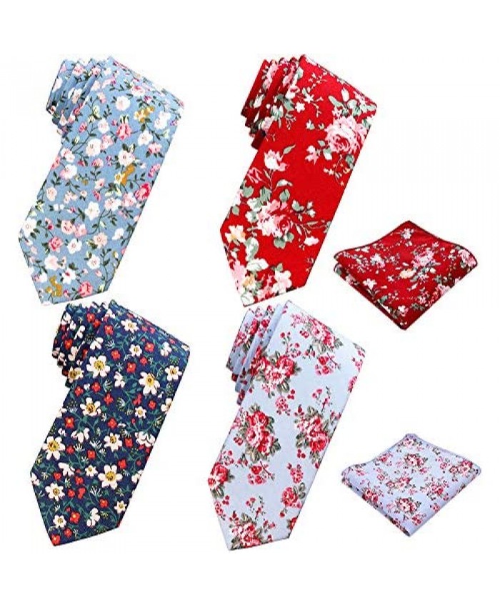 AUSKY Printed Floral Necktie for Men Cotton Skinny Neck Tie Thin Ties (4 Packs & 1 Pack for Option)
