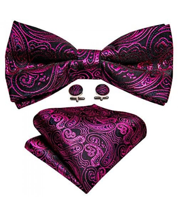 Barry.Wang Men Paisley Silk Bowtie with Handkerchief Cufflink Set for Tuxedo