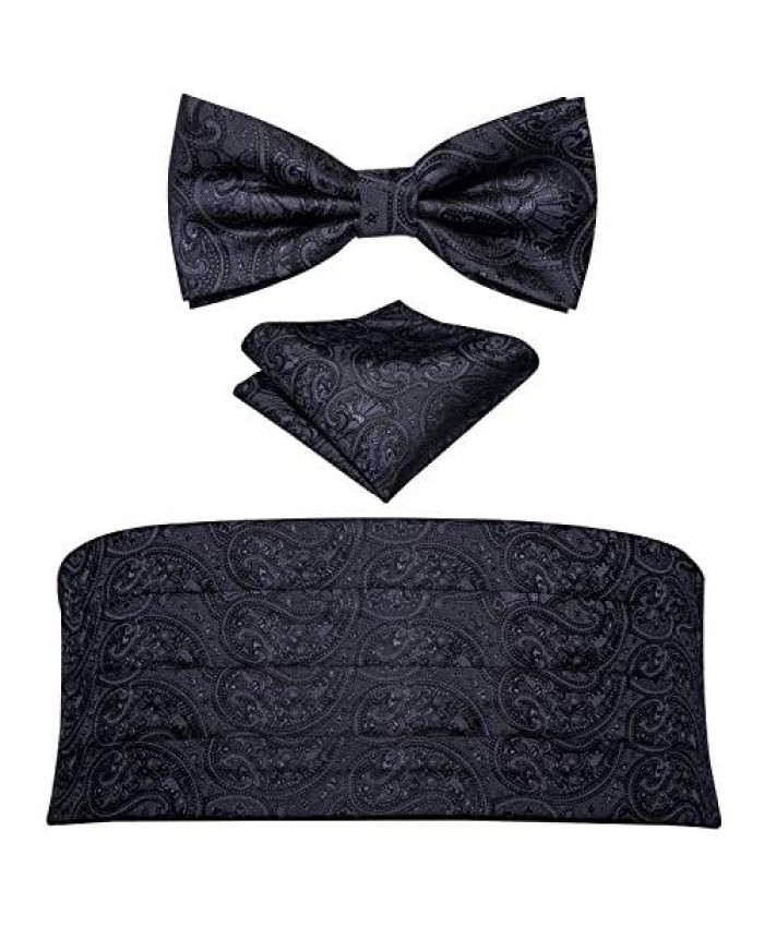 Barry.Wang Men Silk Paisley Cummerbund and Pre-tied Bowtie Handkerchief Cufflink Set for Tuxedo