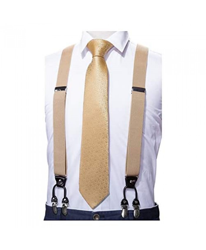 Barry.Wang Men Suspender Set with Necktie Elastic Y Type Heavy Duty 6 Clips Braces Designer Gift