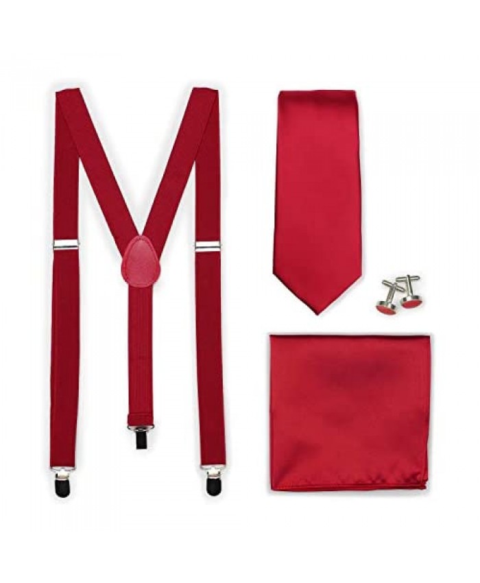 Bows-N-Ties Men's Set of Matching Solid Color Suspender Necktie Pocket Square Cufflinks Adjustable Length