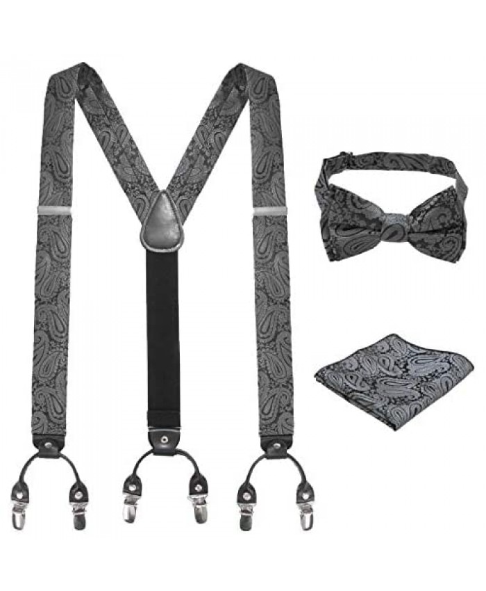 Calvertt Paisley Suspenders for Men with Pre-Tied Bow Tie and Pocket Square Gift Set for Formal and Casual Looks