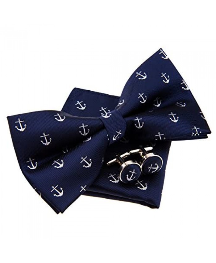 Classic Anchor Pattern Woven Pre-tied Bow Tie (5") w/Pocket Square & Cufflinks Gift Set