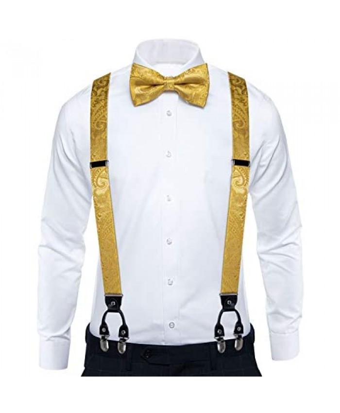 DiBanGu Paisley Bow Tie and Supenders Set for Men Tuxedo Clip Supenders Pocket Square Cufflinks Trouser Braces