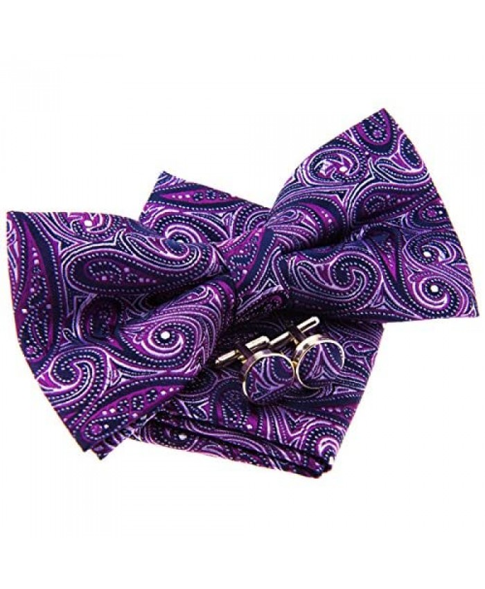 Elegant Paisley Art Pattern Woven Pre-tied Bow Tie (5) w/Pocket Square & Cufflinks Gift Set