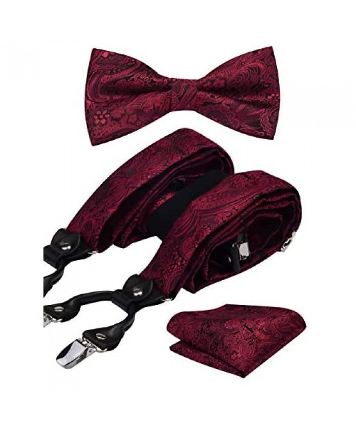 GUSLESON Adjustable Paisley Floral 6 Clips Y Shape Suspenders Pre-tied Bow Tie and Pocket Square Set with Gift Box