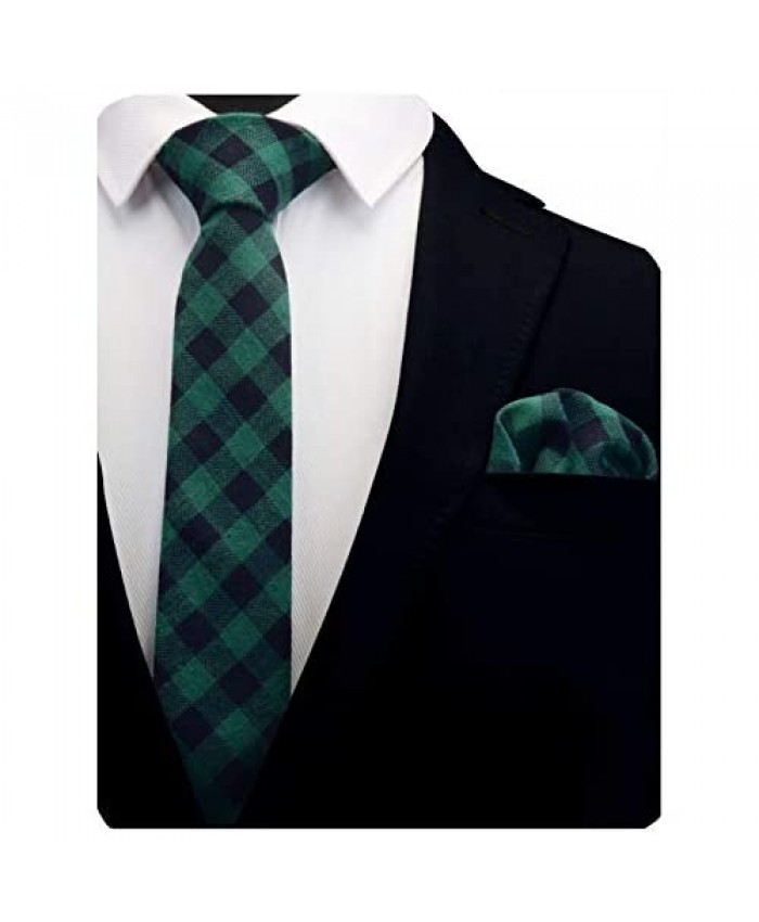 GUSLESON Fashion 2.4"（6cm）Cotton Plaid/Striped Necktie Cashmere Wool Skinny Tie and Pocket Square Sets + Gift Box