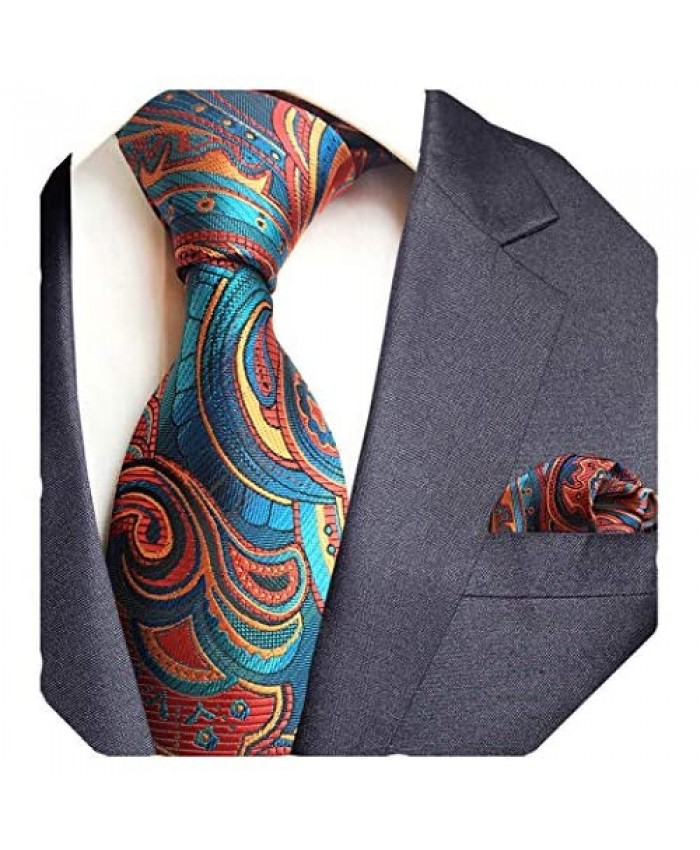 GUSLESON Fashion Paisley Tie and Pocket Square Set Mens Plaid Necktie