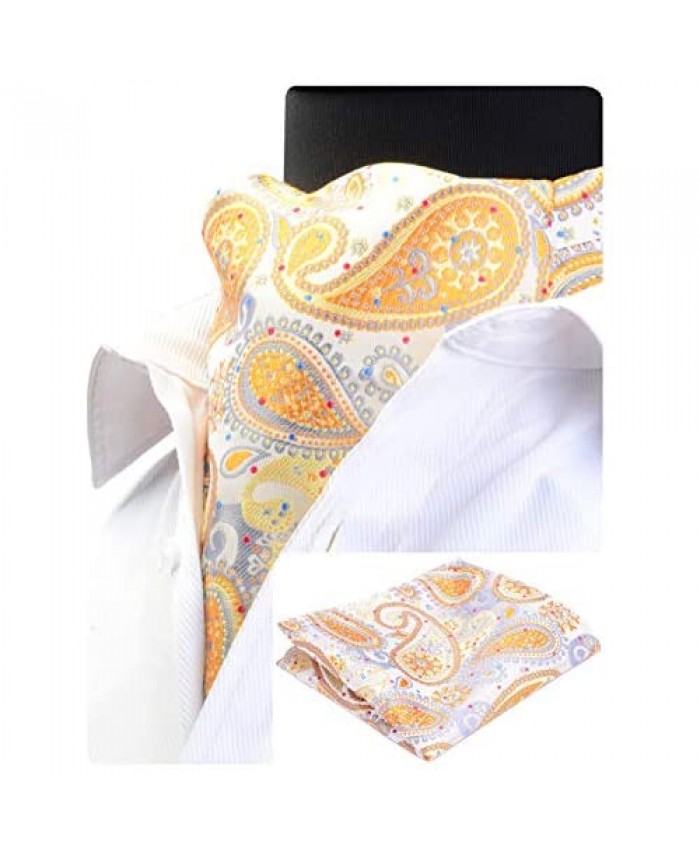 GUSLESON Men's Ascot Paisley Floral Jacquard Woven Gift Cravat Tie and Pocket Square Set