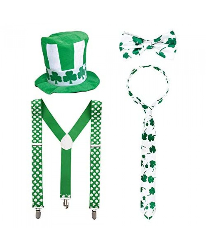 hatatit St Patrick's Day Shamrock Suspenders Bowtie Necktie and hat Set for Men Holiday Party Mens Suspenders Father Gift