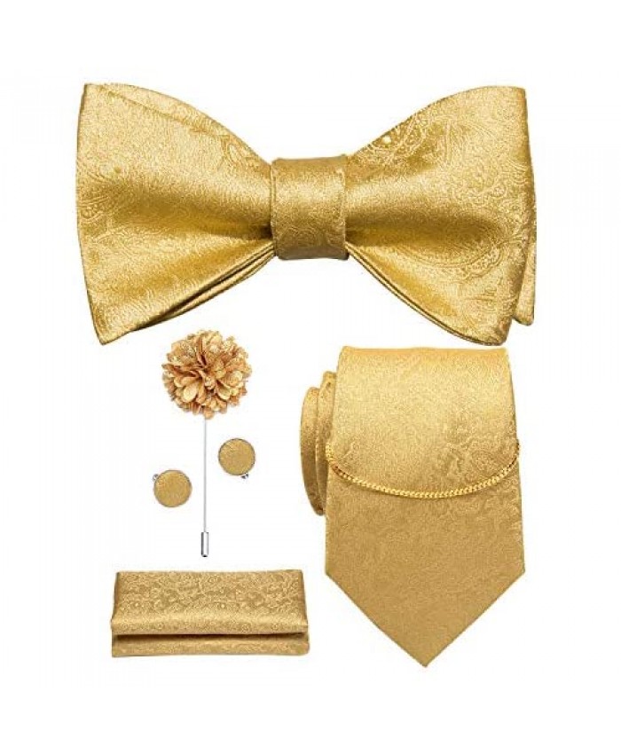 Hi-Tie Men's Ties Set Silk Necktie Bow Tie and Pocket Square Cufflinks Set with Silver Tie Clip or Lapel Pin Gold Tie Chain