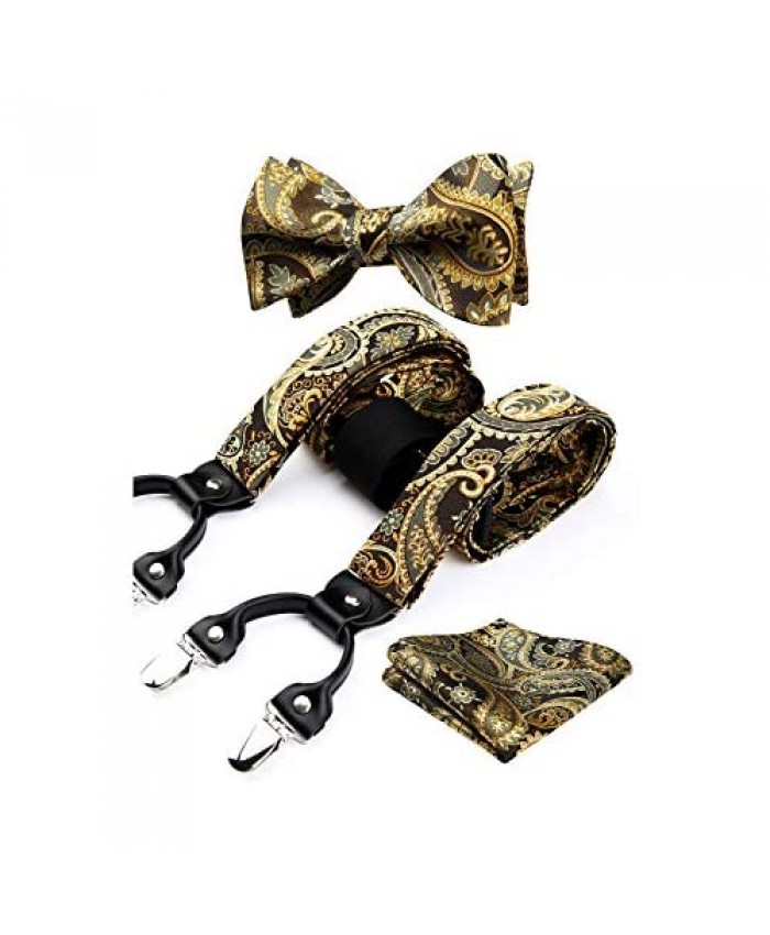 HISDERN Mens Paisley Floral Suspenders Strong 6 Clips Y-Back Adjustable Trouser Braces Self BowTie Set for Party Work
