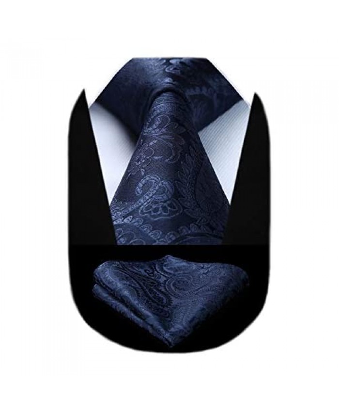 HISDERN Solid Paisley Tie for Men Handkerchief Woven Classic Flower Men's Necktie & Pocket Square Set