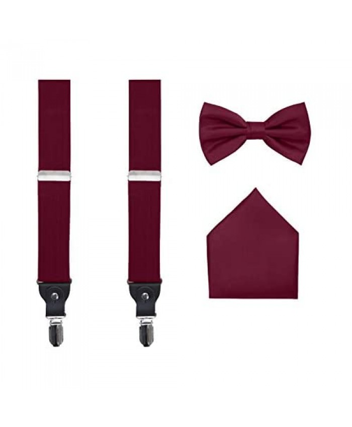 Men's 3 Piece Suspender Set - Includes Suspenders Matching Bow Tie Pocket Hanky and Gift Box