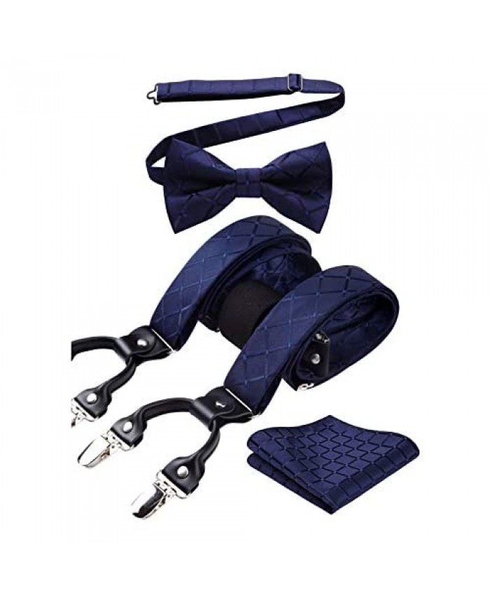 Mens Check Striped Suspenders Strong 6 Clips Adjustable 1.4'' Y-Back Trouser Braces Bow Tie Set for Wedding Party Work