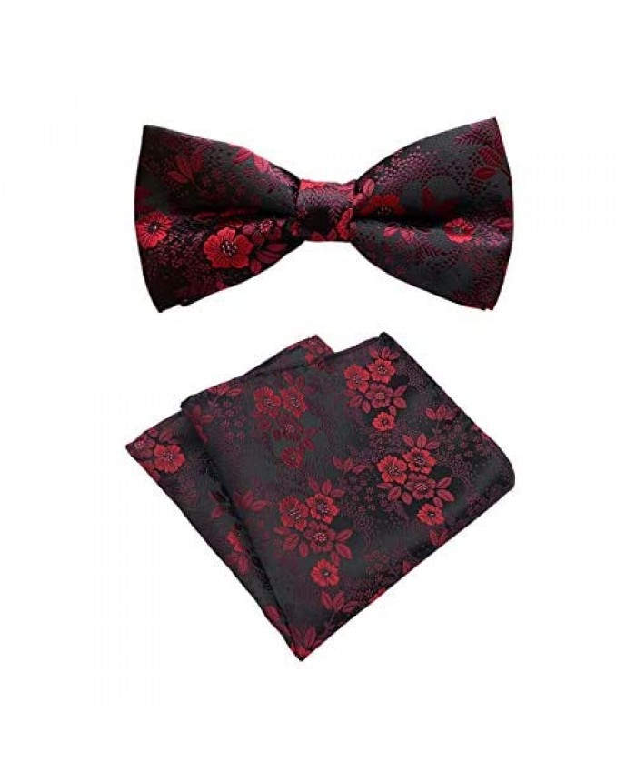 Mens Cravat Pre-Tied Bow Tie Set Luxury Floral Pattern Wedding Bowties with Pocket Square Set