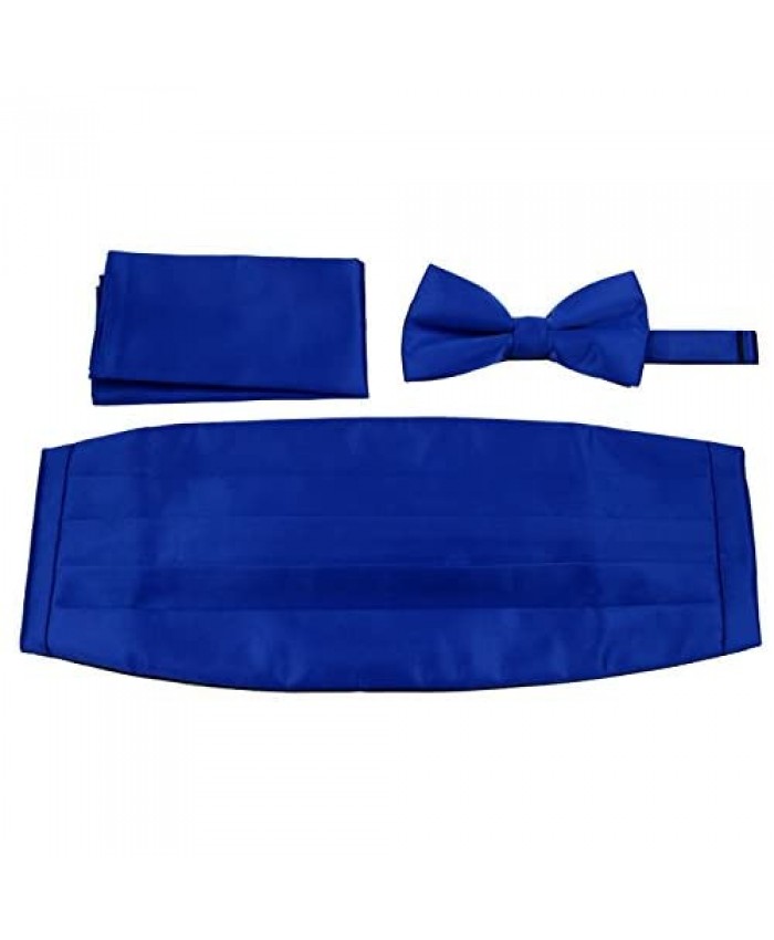 Mens Formal Woven Satin Cummerbund Pre-Tied Bowtie Hanky set - Many Solid Colors Available