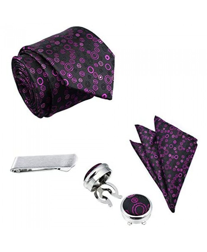Men's Necktie Pocket Square Sets with Button Cover Cufflinks and Tie Clip in Gift Box - Best Gift for Wedding Business Party