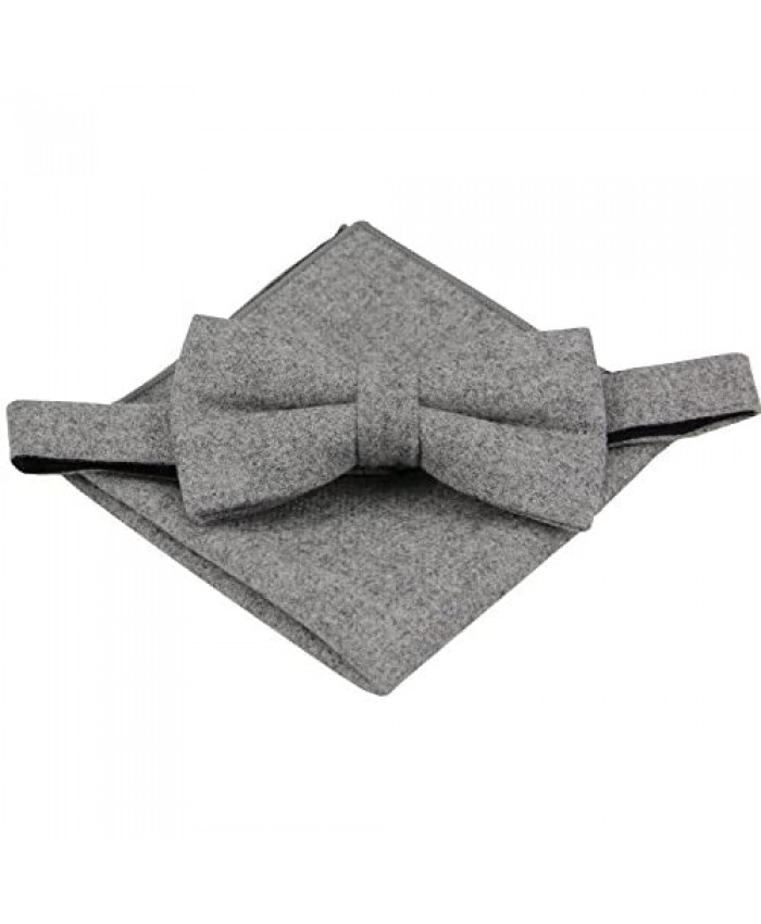 Mens Plain Wool Bowtie with Matching Pocket Square Set-Various Color