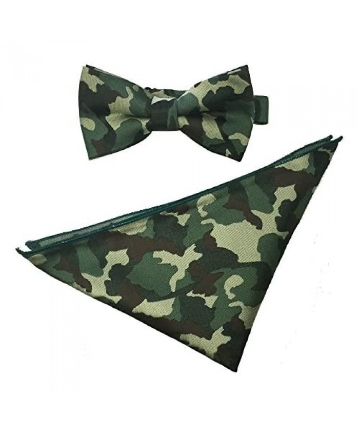 Mens Pre-tied Bow tie Pocket Square Hankerchief Set Camouflage Colors