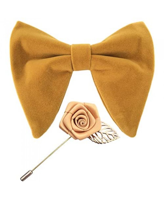 Mens Pre-Tied Oversized Velvet Bow Tie with Flower Lapel Pin Brooch for Suit Wedding Tuxedo Big Bowtie Set