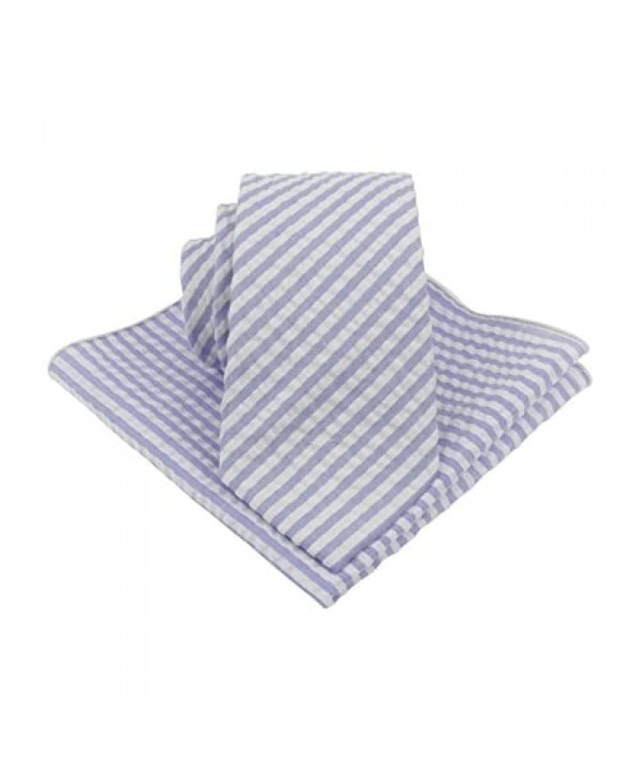 Mens Seersucker Cotton Slim Tie Set : Necktie with Matching Pocket Square -3 Inch Width