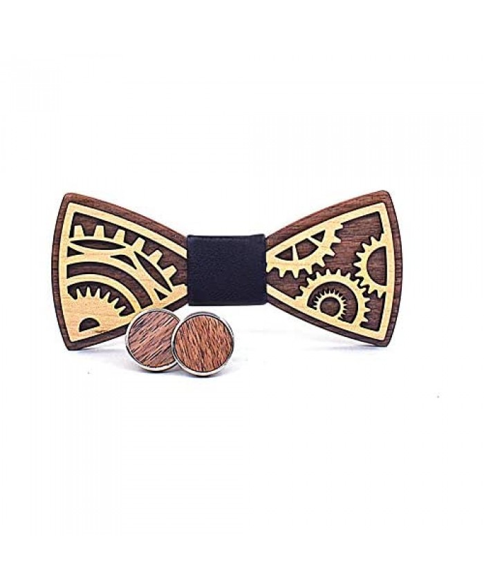 Mens Steampunk Gears Wooden Bow Tie & Cufflinks Set Hollow Craft Wedding Necktie