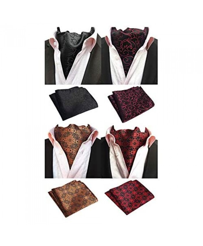MOHSLEE Mens Elegant Floral 4 Pack Cravat Silk Ascot Scarf Tie Pocket Square Set