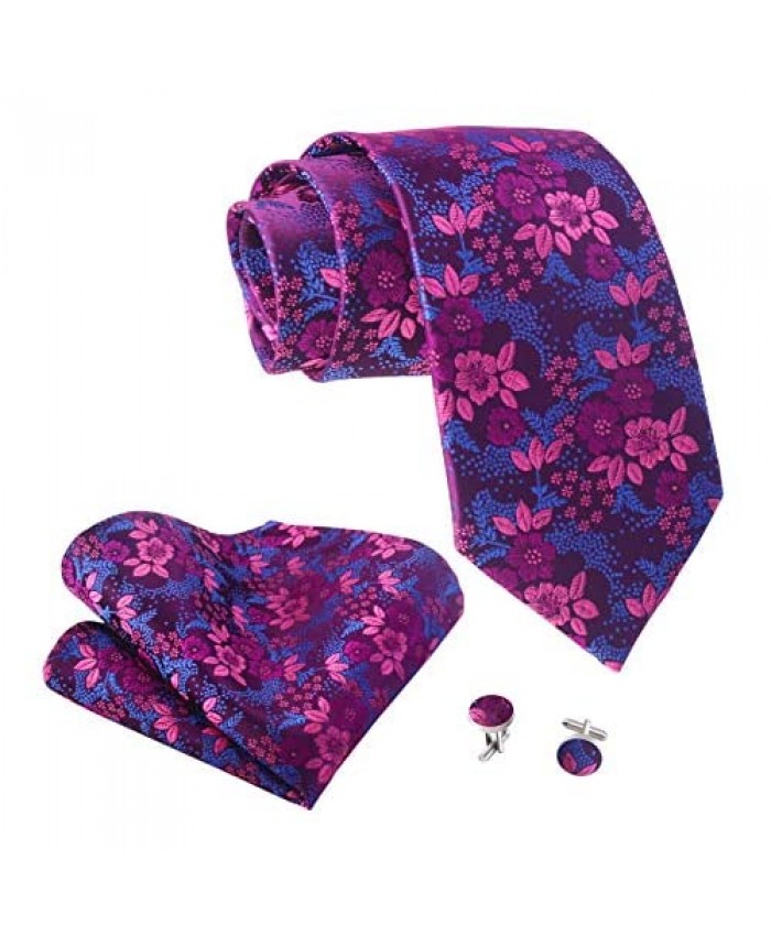 OUMUS Men's Floral Silk Tie and Pocket Square Cufflink Set Gift Box Purple Blue