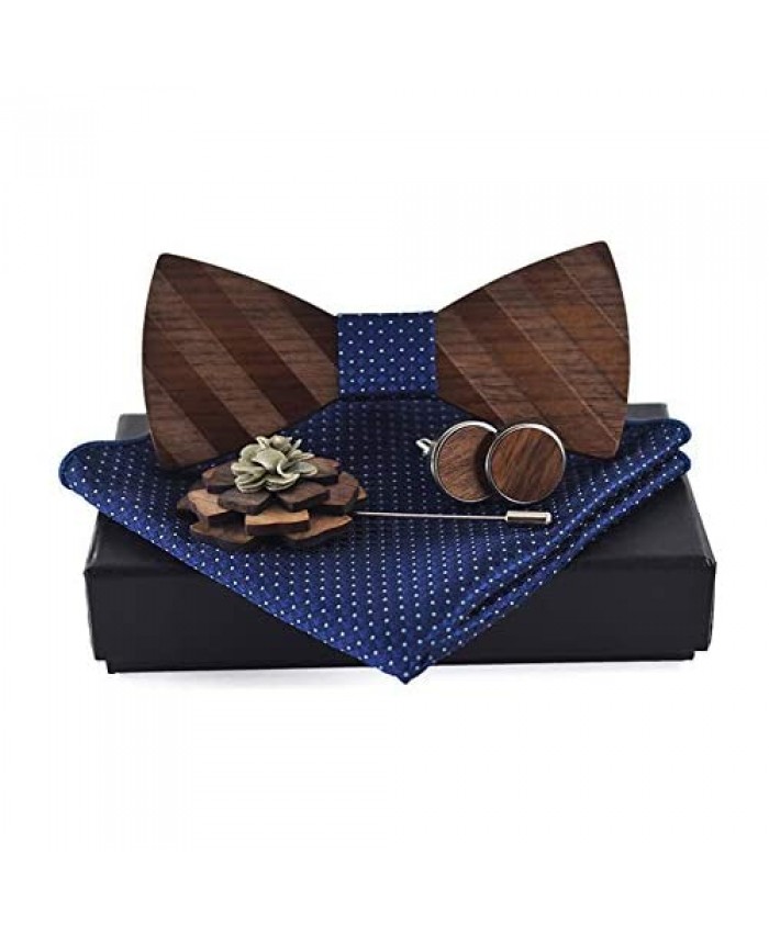 Pre-Tied Wood Bow Ties Set for Men Big Boys with Matching Pocket Square Cufflinks Lapel Flower Brooch Set Gift Box