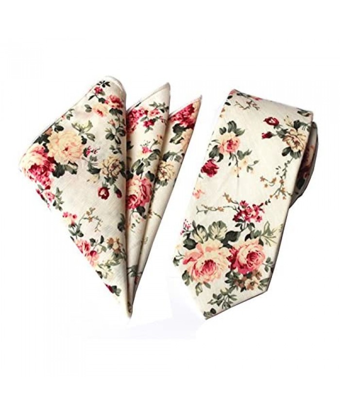 Secdtie Men's Skinny Handkerchief Tie Cotton Floral Necktie & Pocket Square Set