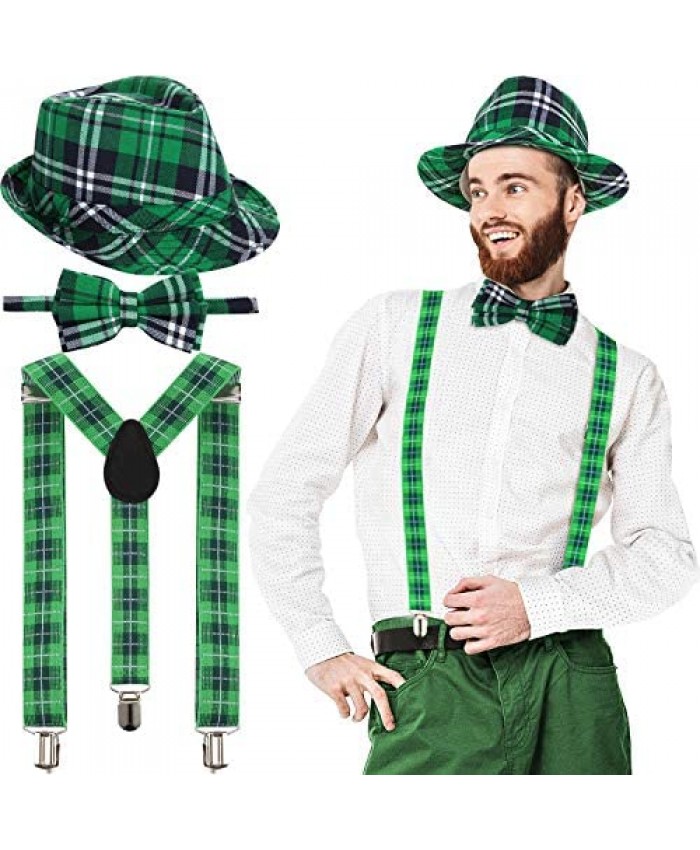 St. Patrick's Day Hat Green Plaid Fabric Fedora Hat Bow Tie and Suspender Unisex