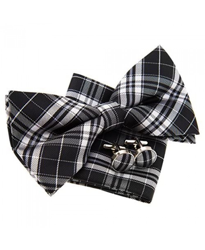 Stylish Plaid Checkered Woven Pre-tied Bow Tie (5") w/Pocket Square & Cufflinks Gift Set