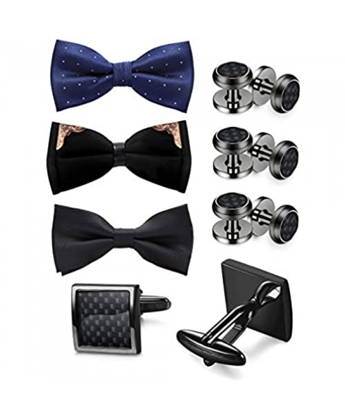 Thunaraz 11Pcs Mens Carbon Fiber Cufflinks and Tuxedo Shirt Studs Set Classic Pre-Tied Formal Tuxedo Bowtie Adjustable Bow Ties Business Wedding