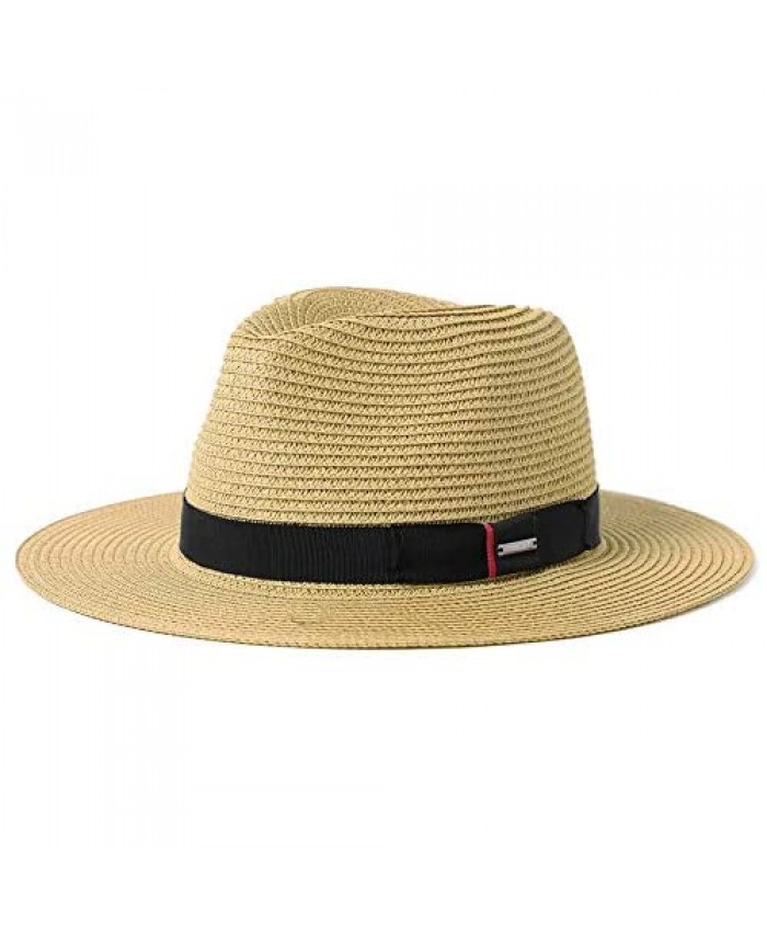 J&A Mens Packable Ribbon Band Straw Fedora Panama Derby Hat Sun Summer Beach for Women Beige 55-57cm