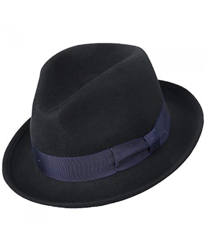 JANETSHATS Wool Felt Snap Brim Fedora Hat Men's Crushable Dress Trilby Jazz Cap