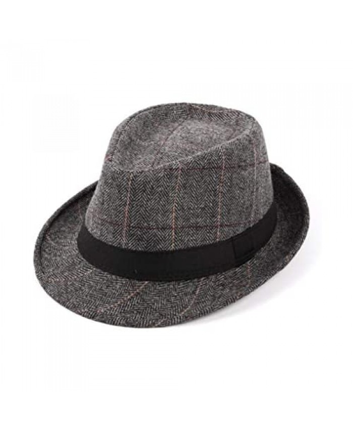 Mens Classic Plaid Manhattan Structured Gangster Trilby Fedora Hat Cuban Style Derby Hat Jazz Cap