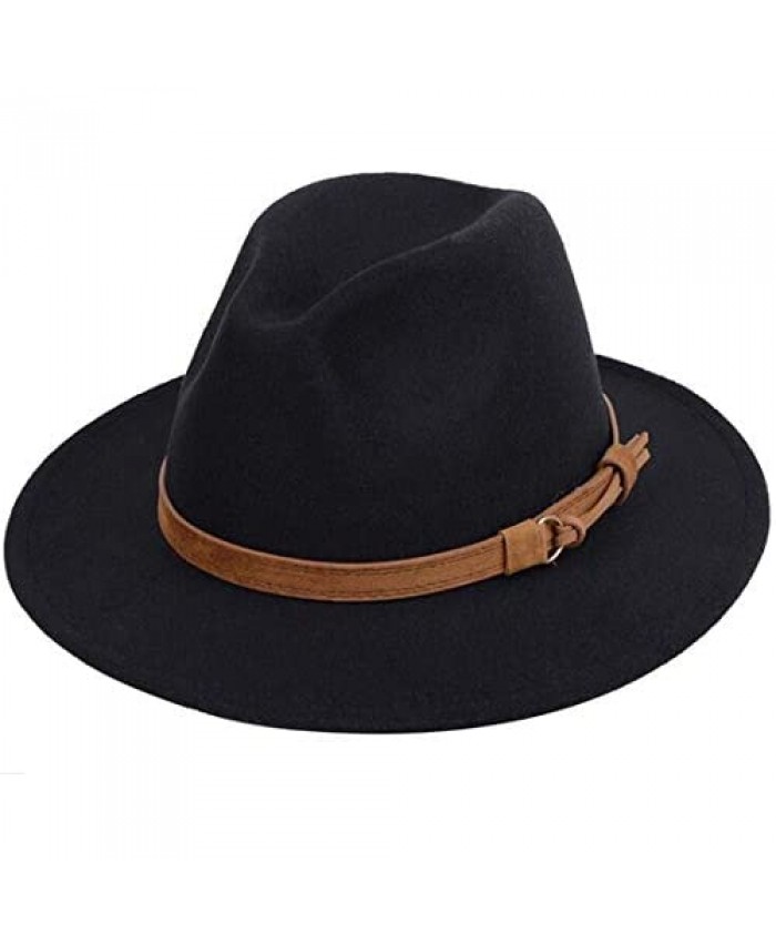 Unisex Classic Wide Brim Fedora Hat with Belt Buckle Black Felt Panama Hat Derby Cap