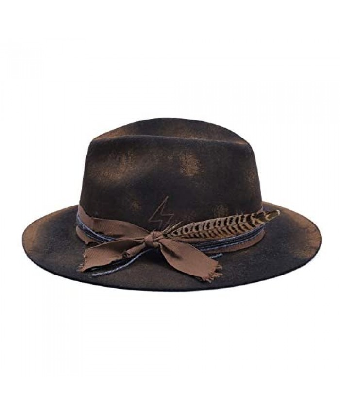 Vintage Fedora Firm Wool Felt Panama Hat Classic for Men Women Wide Brim with Lightning Logo Distressed Style (Black Tan 7 1/4)