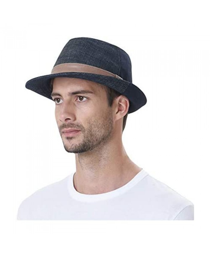 WITHMOONS Denim Cotton Fedora Hat with Faux Leather Band LD3279