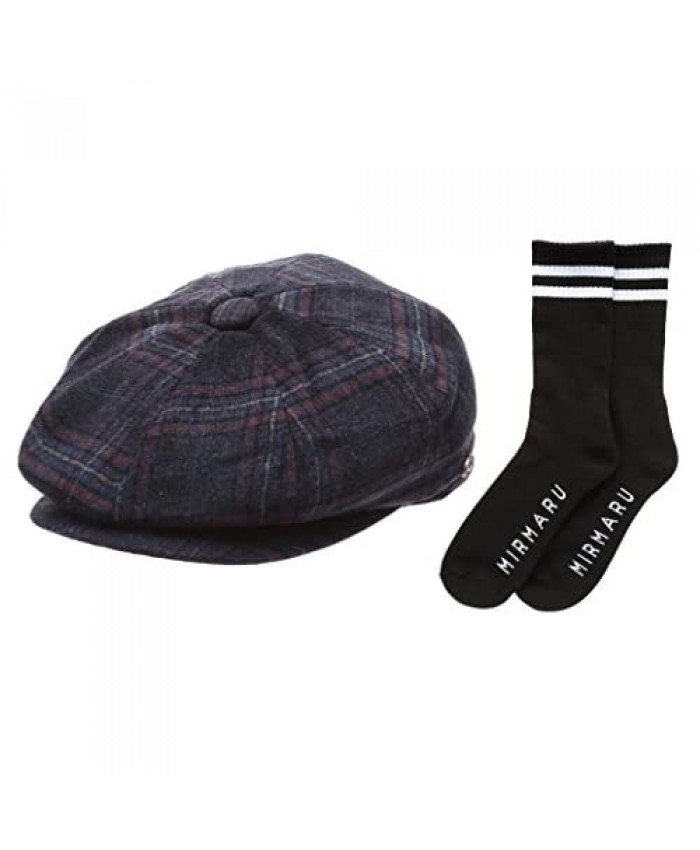 Men's Premium 100% Wool 8Panels Plaid Herringbone Newsboy Hat with Socks.