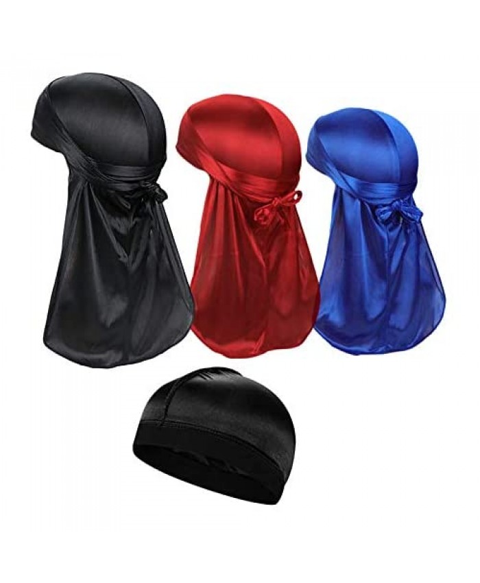 3 Pcs Silky Durags with 1 Wave Cap Pack for Men Long Tail Silk Satin Durag Wide Straps Bandana Headwraps