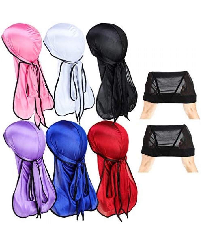 6 Pieces Silky Durag Pack for Men Women Waves Satin Doo Rag Variety Satin Silky Durag Headscarf Soft Cap for Hair Waves with 2 Wave Caps