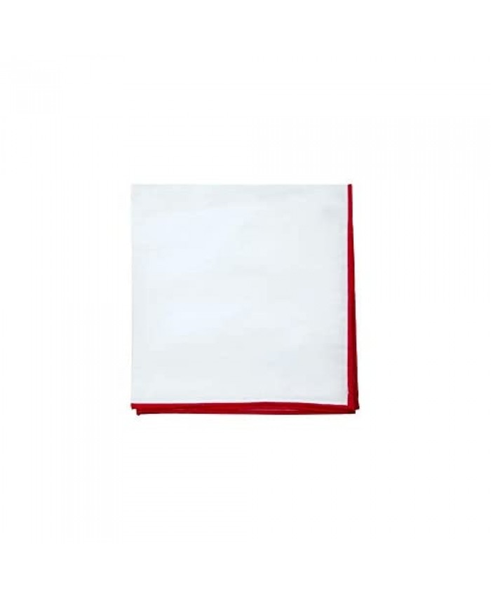 D&L Menswear White Cotton Pocket Square with Red Embroidered Edge Large