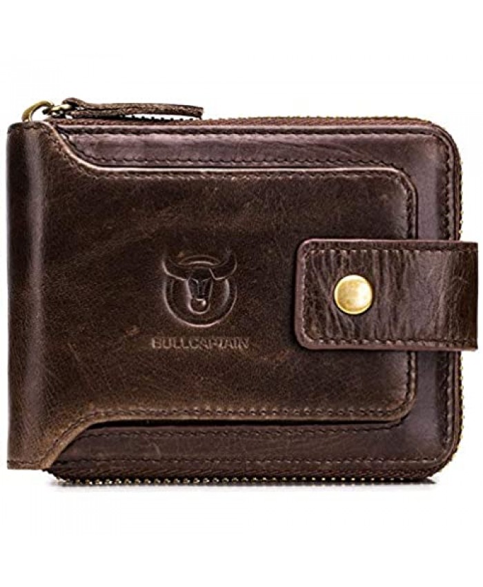 BULLCAPTAIN Mens Genuine Leather Zipper Wallet RFID Blocking Bifold Zip Around Multi Credit Card Holder Big (brown)