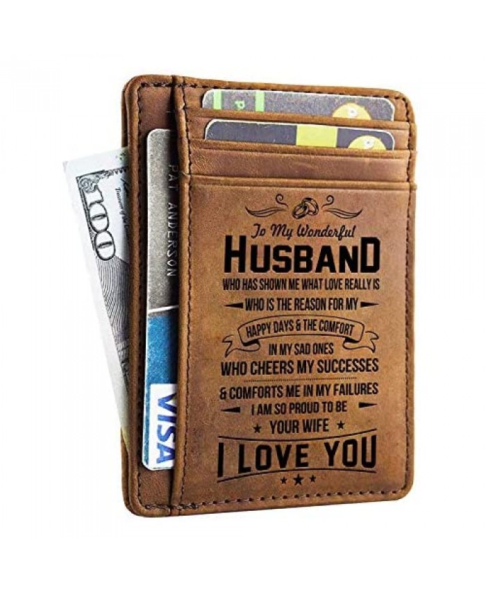 Husband Walet - Engraved Leather Front Pocket Wallet (M - My husband I will always love you)