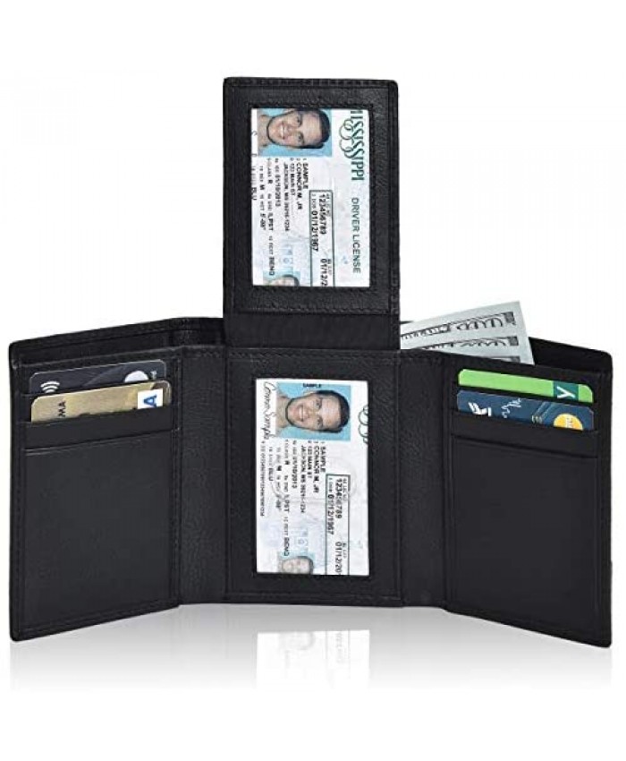 RFID Leather Front Pocket Wallets for Men 9 Credit cards 2 ID Slim Trifold Wallet