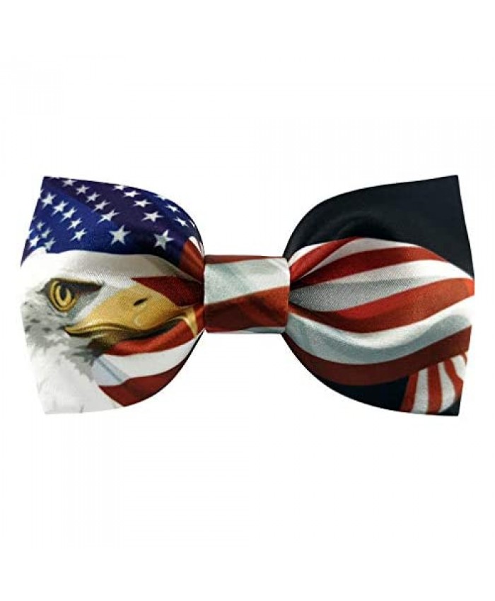 100% Satin Silk Mens Pre-tied Black Bowtie American Flag Stars and Stripes Bald Eagle Bow Ties