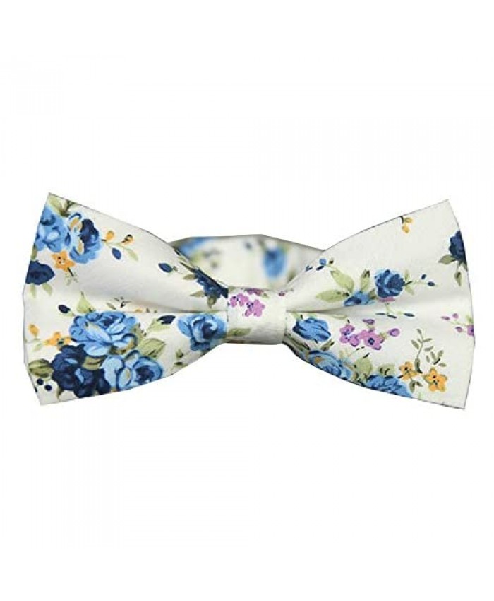 D&L Menswear Men's Pre-Tied White Blue Floral Bow Tie Adjustable Neck Wedding Party Bowtie